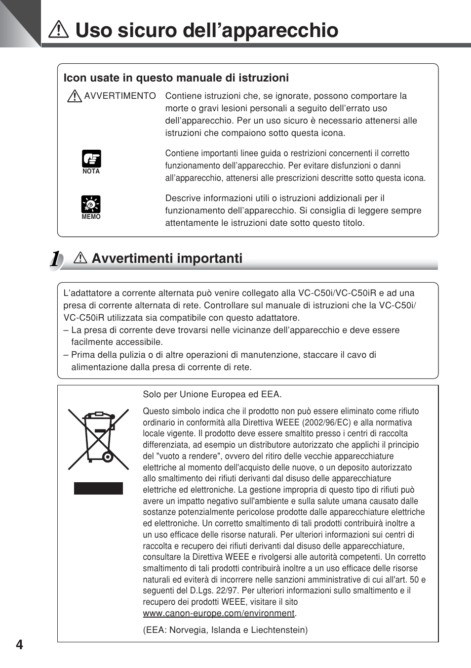 A uso sicuro dell’apparecchio, A avvertimenti importanti | Canon VC-C50iR User Manual | Page 208 / 246