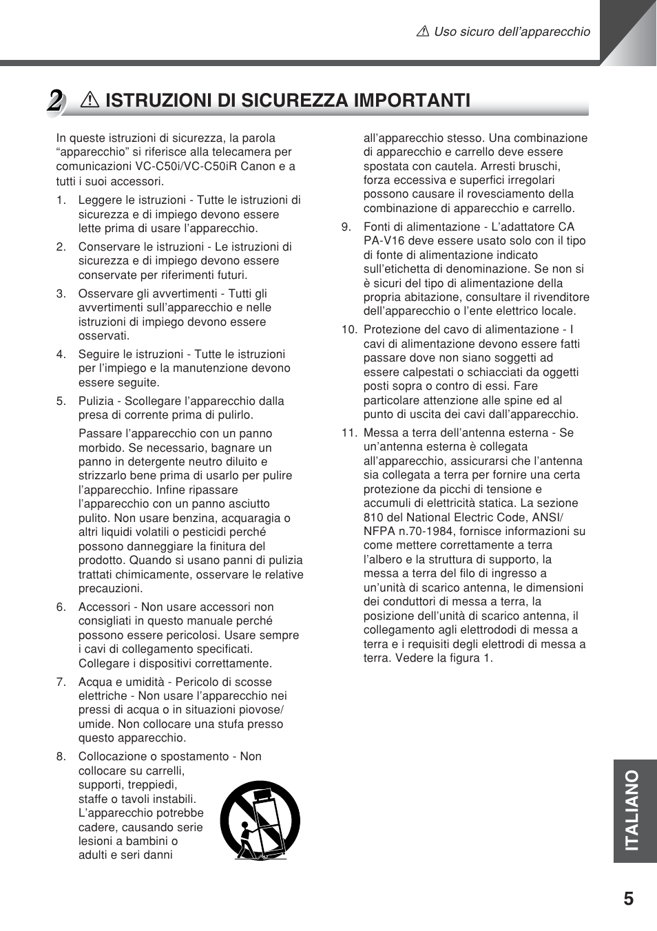 A istruzioni di sicurezza importanti, Italiano | Canon VC-C50iR User Manual | Page 209 / 246