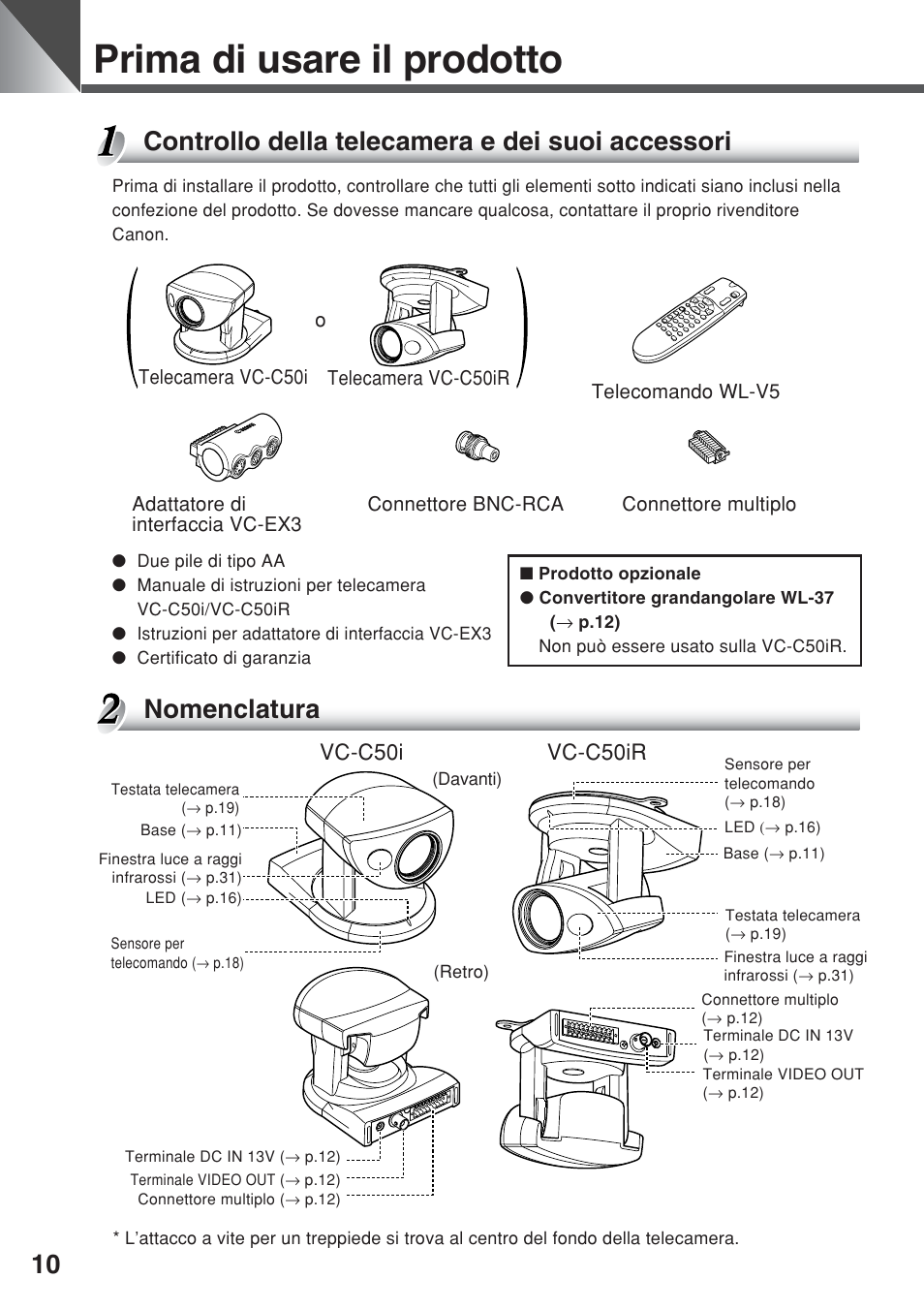 Prima di usare il prodotto, Controllo della telecamera e dei suoi accessori, Nomenclatura | Vc-c50i vc-c50ir | Canon VC-C50iR User Manual | Page 214 / 246