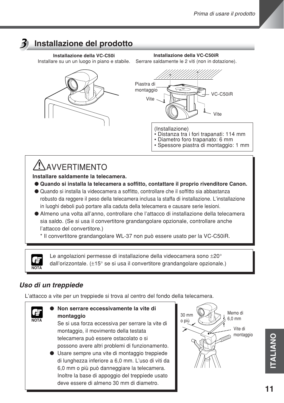 Installazione del prodotto, Avvertimento, Italiano | Uso di un treppiede | Canon VC-C50iR User Manual | Page 215 / 246