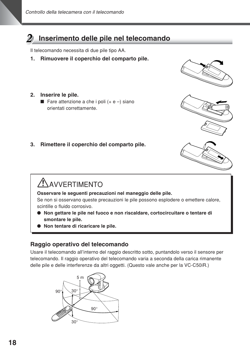 Avvertimento, Inserimento delle pile nel telecomando | Canon VC-C50iR User Manual | Page 222 / 246