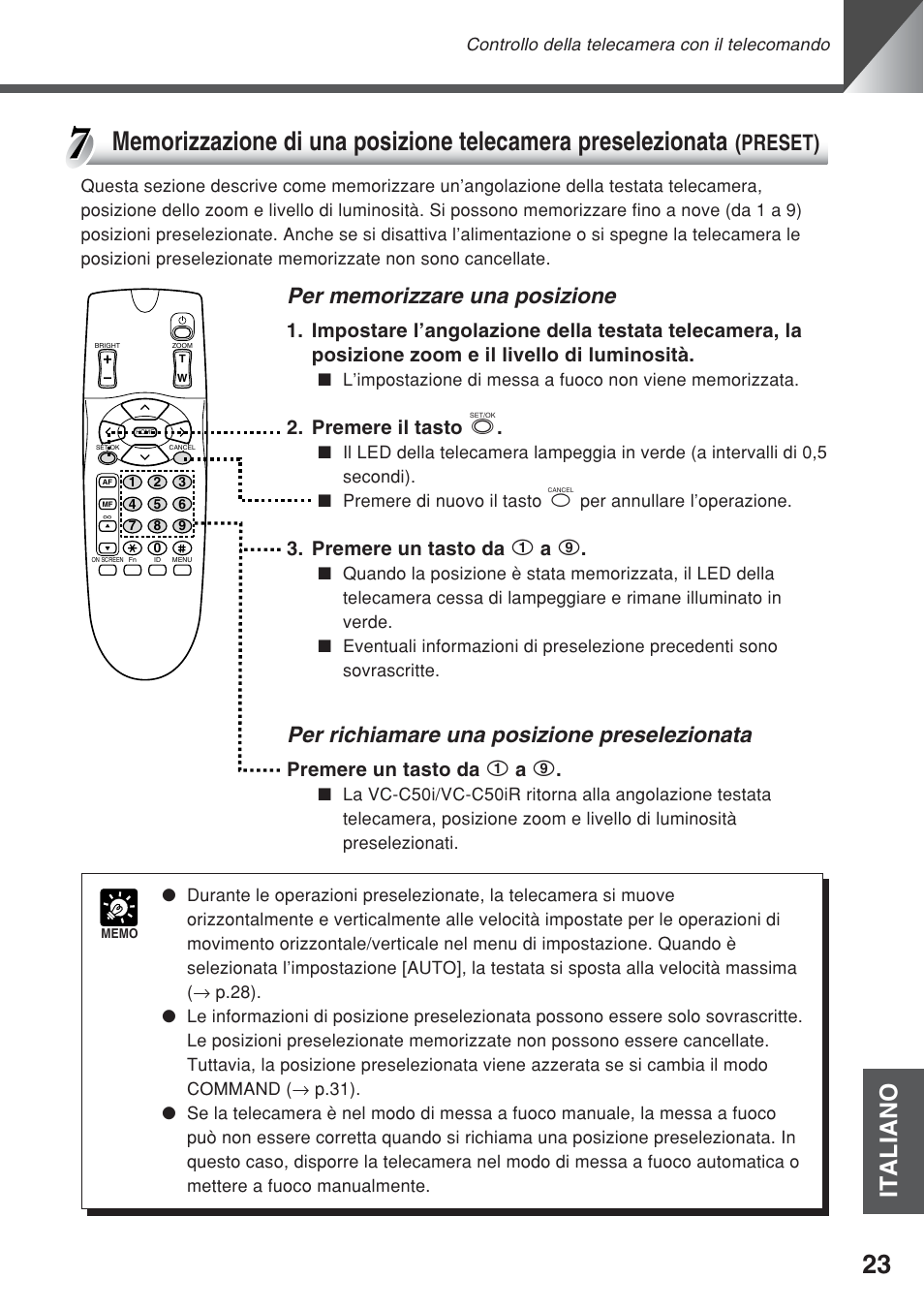 Italiano, Per richiamare una posizione preselezionata, Preset) | Premere il tasto s, Premere un tasto da 1 a 9 | Canon VC-C50iR User Manual | Page 227 / 246