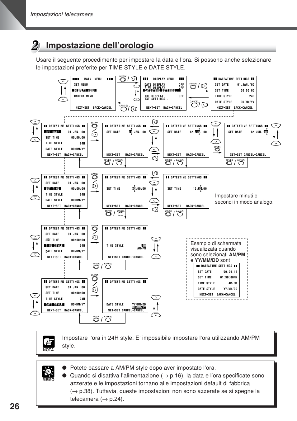 Impostazione dell’orologio, Impostazioni telecamera, Sont impostare minuti e secondi in modo analogo | Am/pm, Yy/mm/dd | Canon VC-C50iR User Manual | Page 230 / 246