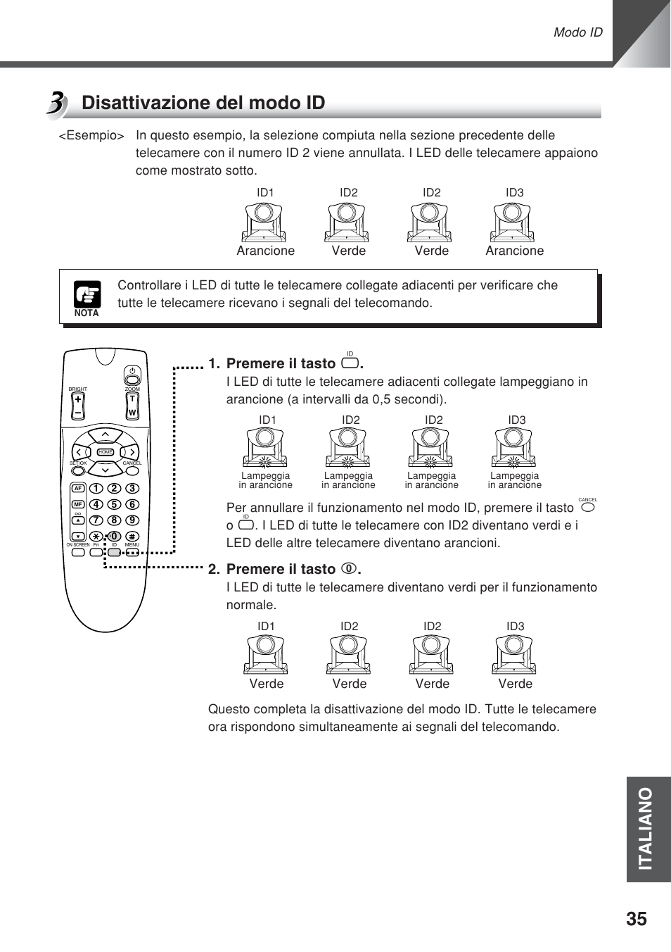 Disattivazione del modo id, Italiano, Premere il tasto i | Premere il tasto 0 | Canon VC-C50iR User Manual | Page 239 / 246