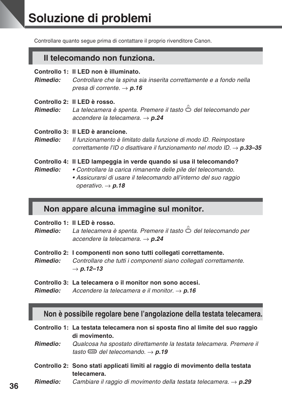 Soluzione di problemi, Il telecomando non funziona, Non appare alcuna immagine sul monitor | Canon VC-C50iR User Manual | Page 240 / 246