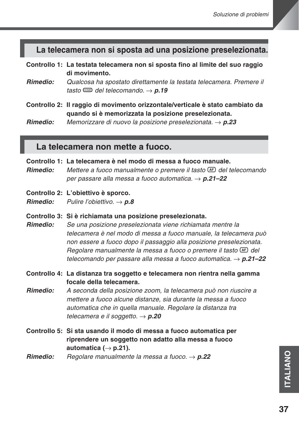 La telecamera non mette a fuoco | Canon VC-C50iR User Manual | Page 241 / 246