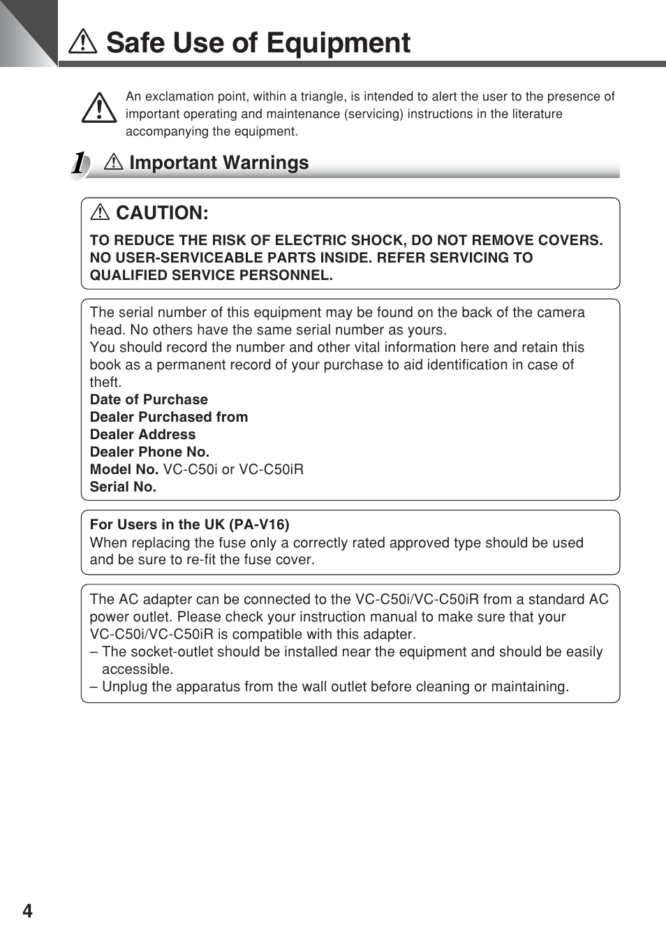 A safe use of equipment | Canon VC-C50iR User Manual | Page 42 / 246