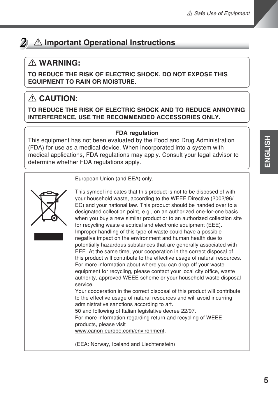 A caution, A important operational instructions a warning | Canon VC-C50iR User Manual | Page 43 / 246