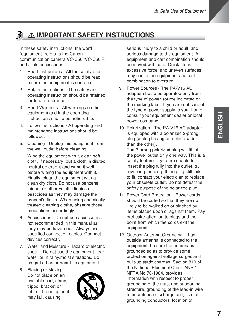 A important safety instructions, English | Canon VC-C50iR User Manual | Page 45 / 246