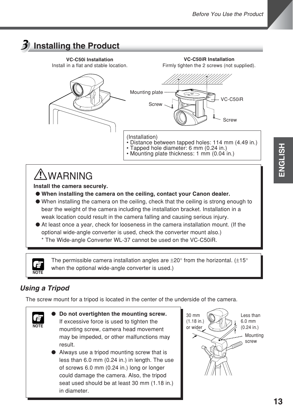 Warning, Installing the product, English | Using a tripod | Canon VC-C50iR User Manual | Page 51 / 246