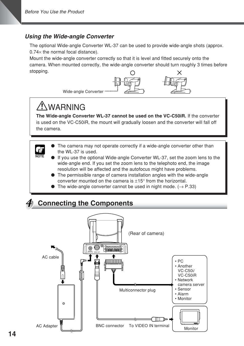 Warning, Connecting the components, Using the wide-angle converter | Canon VC-C50iR User Manual | Page 52 / 246