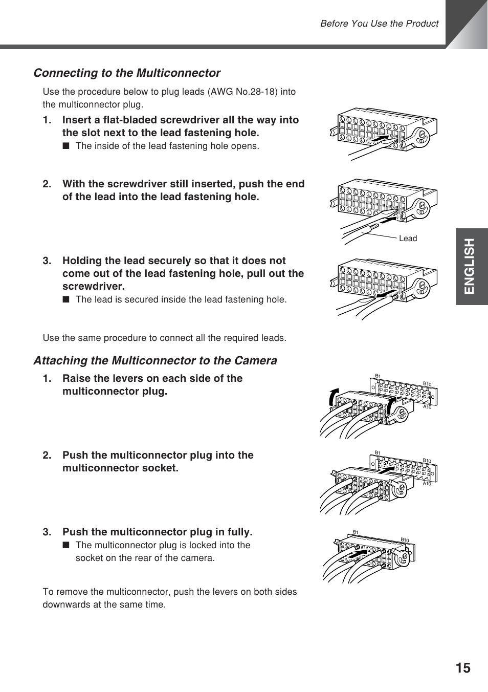 English, Attaching the multiconnector to the camera, Connecting to the multiconnector | Canon VC-C50iR User Manual | Page 53 / 246