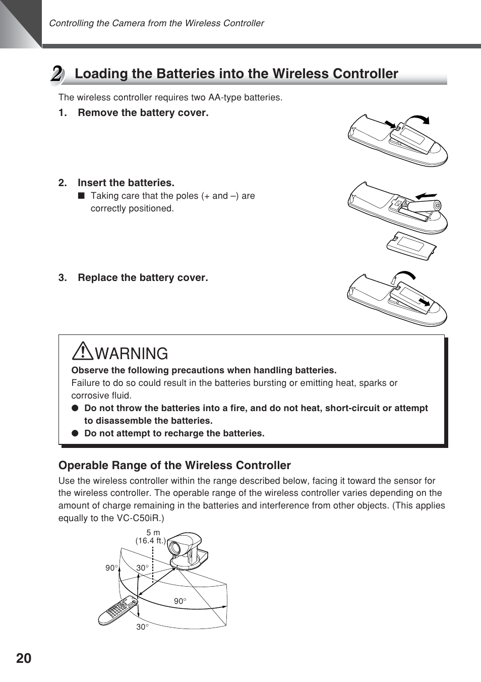 Warning, Loading the batteries into the wireless controller | Canon VC-C50iR User Manual | Page 58 / 246