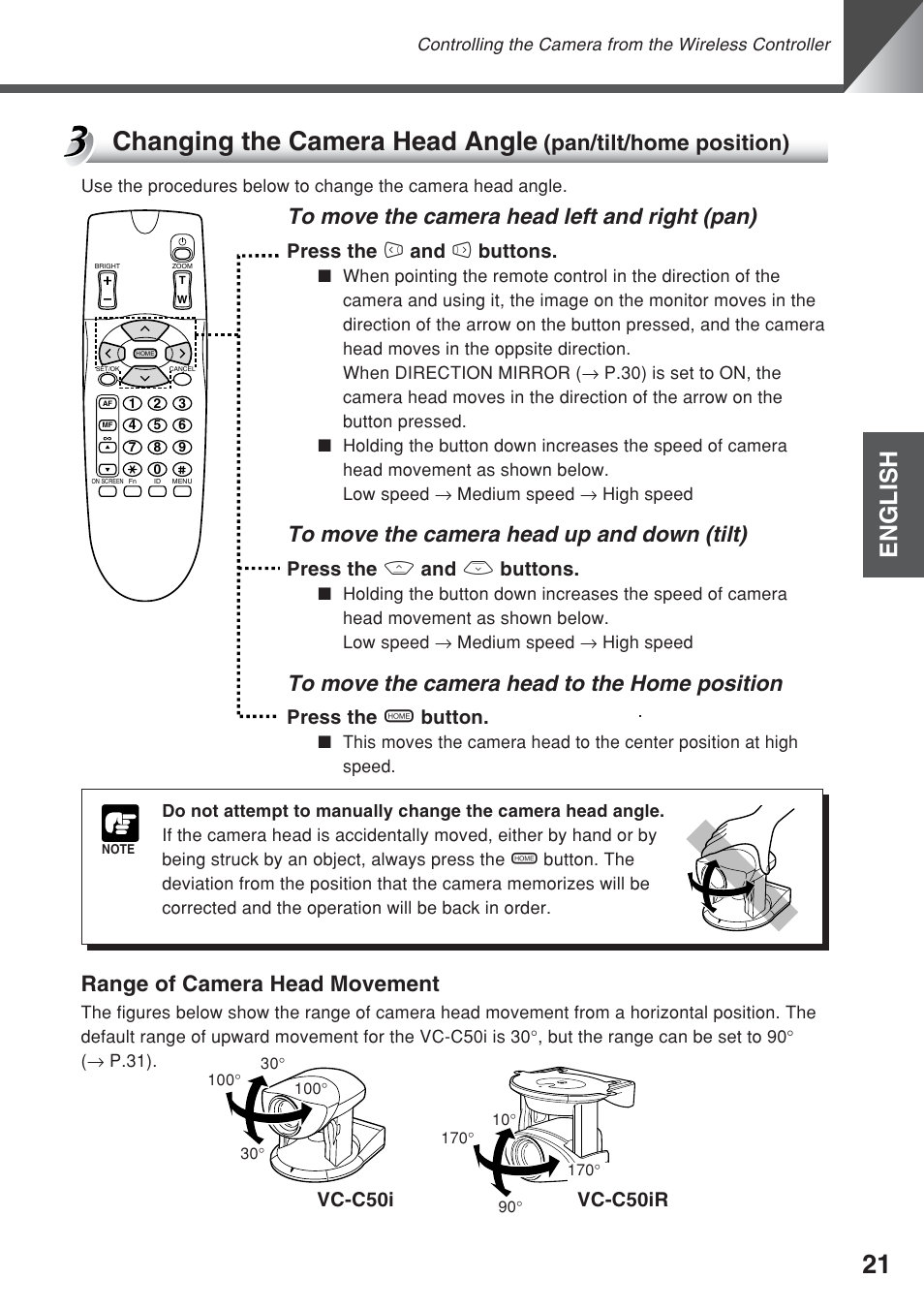 Changing the camera head angle, English, Range of camera head movement | Pan/tilt/home position), Vc-c50i vc-c50ir, Press the 4 and 6 buttons, Press the 8 and 5 buttons, Press the h button | Canon VC-C50iR User Manual | Page 59 / 246