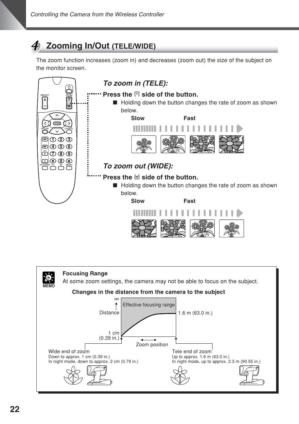 Zooming in/out, Tele/wide), Press the t side of the button | Press the w side of the button | Canon VC-C50iR User Manual | Page 60 / 246