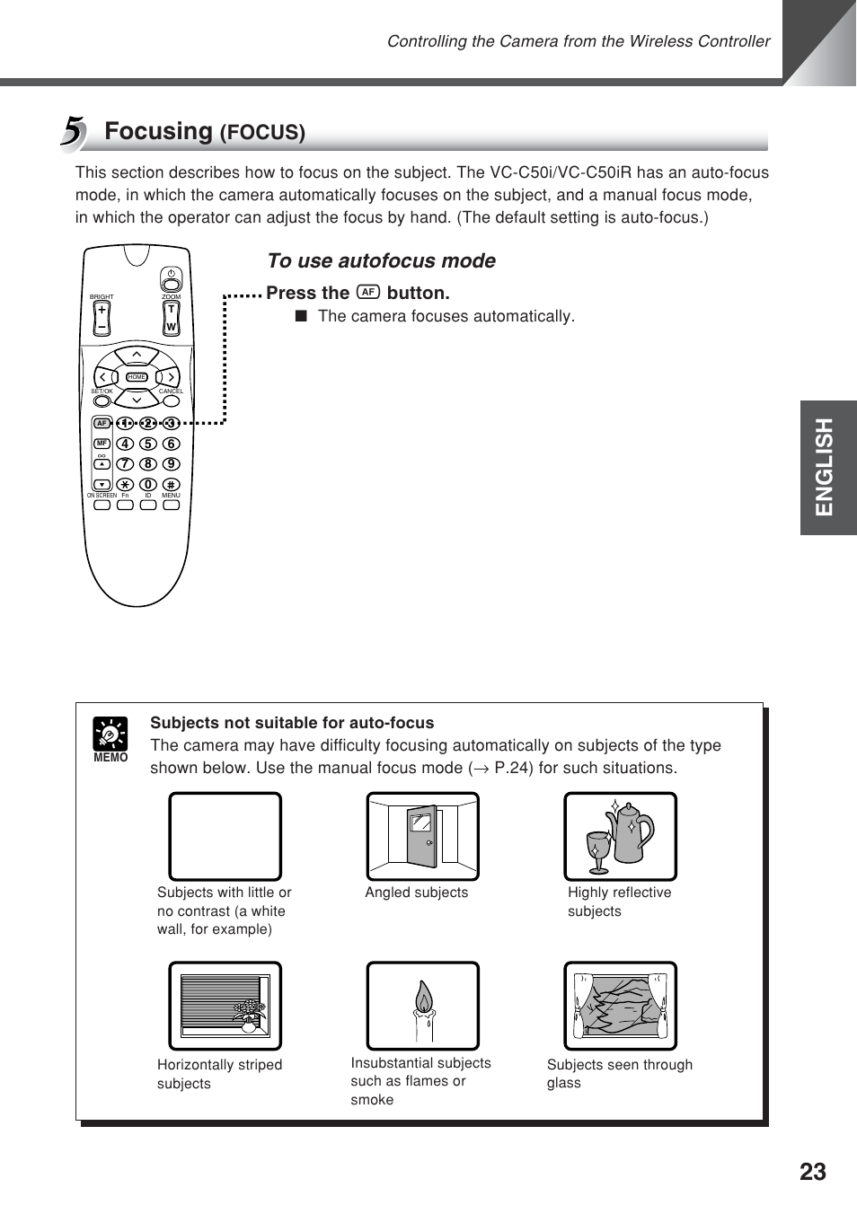 Focusing, English, Focus) | Press the a button, The camera focuses automatically | Canon VC-C50iR User Manual | Page 61 / 246