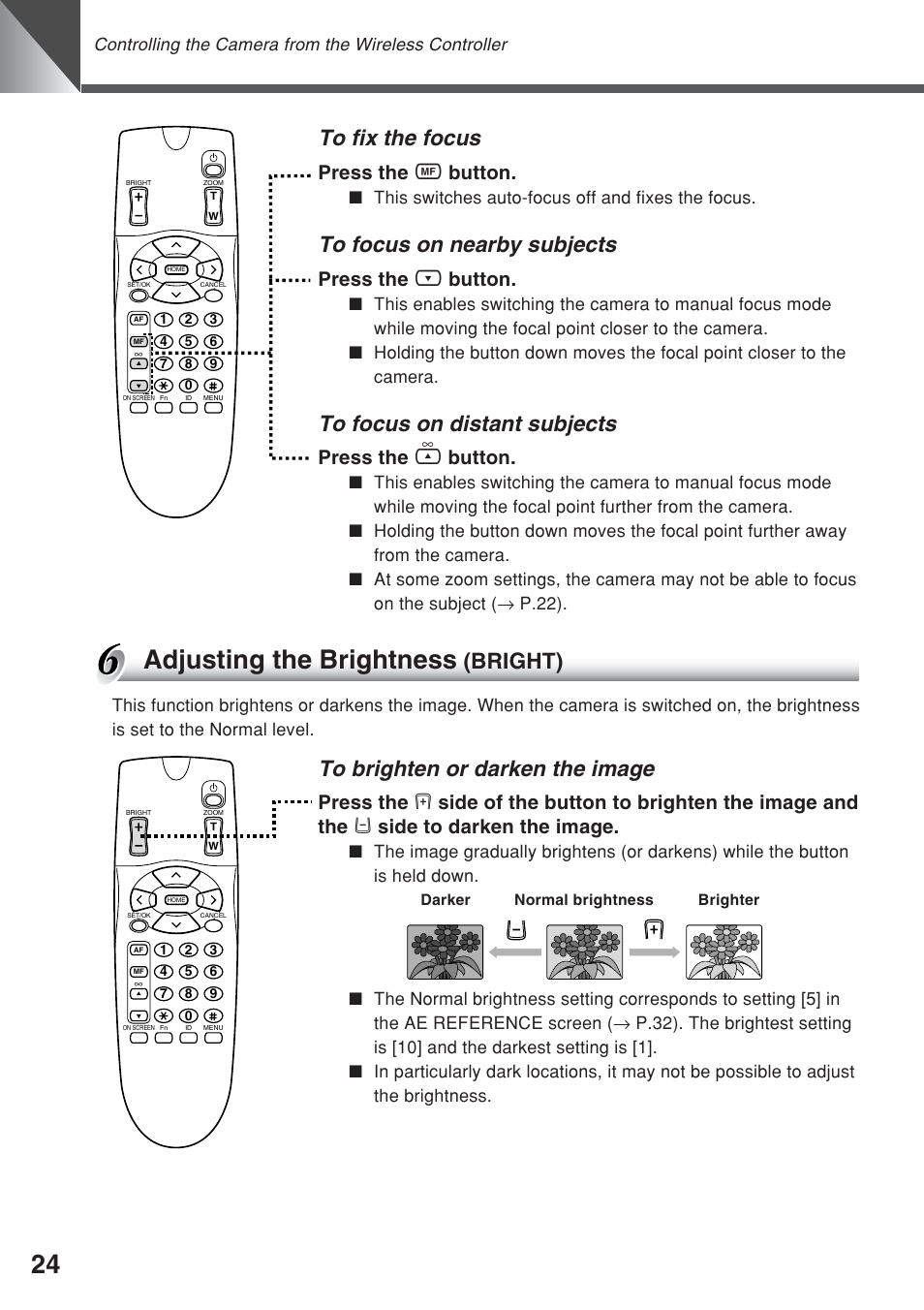 Adjusting the brightness, Bright), Press the n button | Press the r button, Press the e button, This switches auto-focus off and fixes the focus | Canon VC-C50iR User Manual | Page 62 / 246