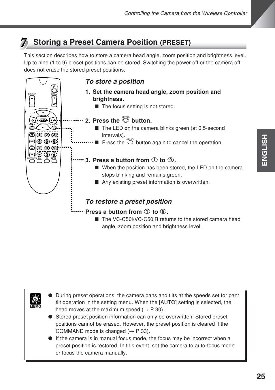 Storing a preset camera position, English, Preset) | Press the s button, Press a button from 1 to 9 | Canon VC-C50iR User Manual | Page 63 / 246