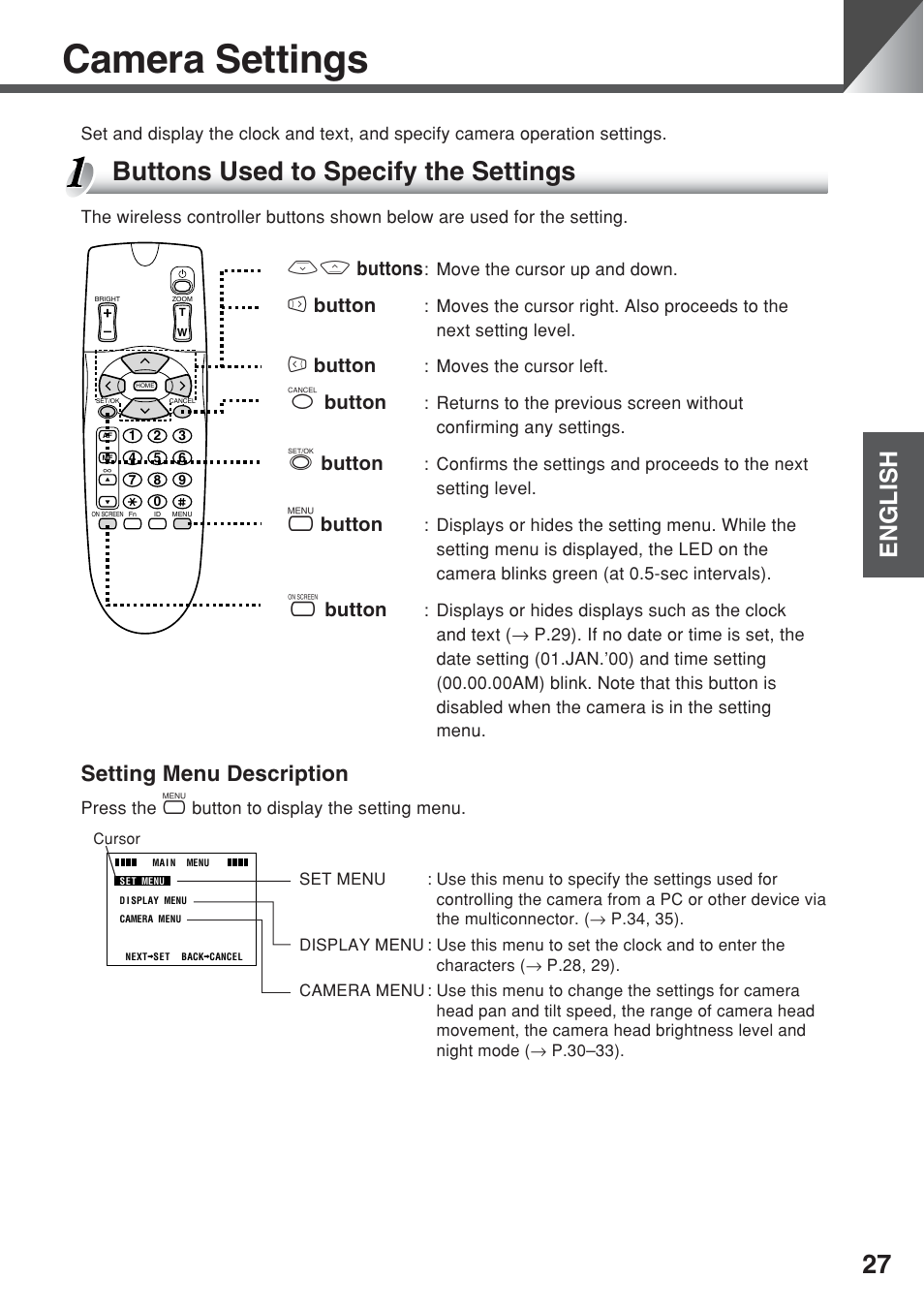 Camera settings, Buttons used to specify the settings, English | Setting menu description, 58 buttons, 6 button, 4 button, C button, S button, M button | Canon VC-C50iR User Manual | Page 65 / 246