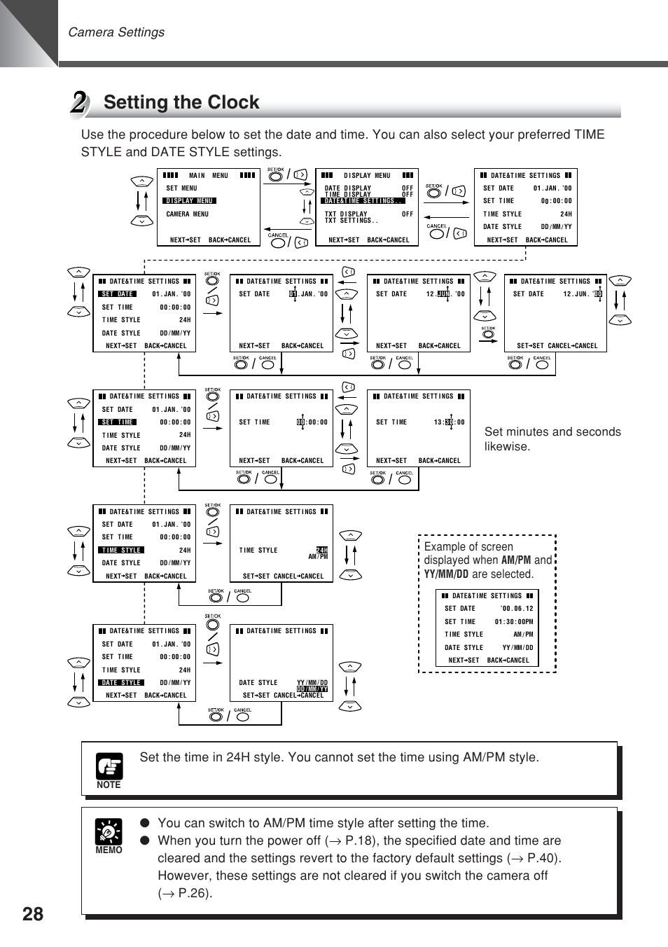 Setting the clock, Camera settings, Are selected | Am/pm, Yy/mm/dd | Canon VC-C50iR User Manual | Page 66 / 246