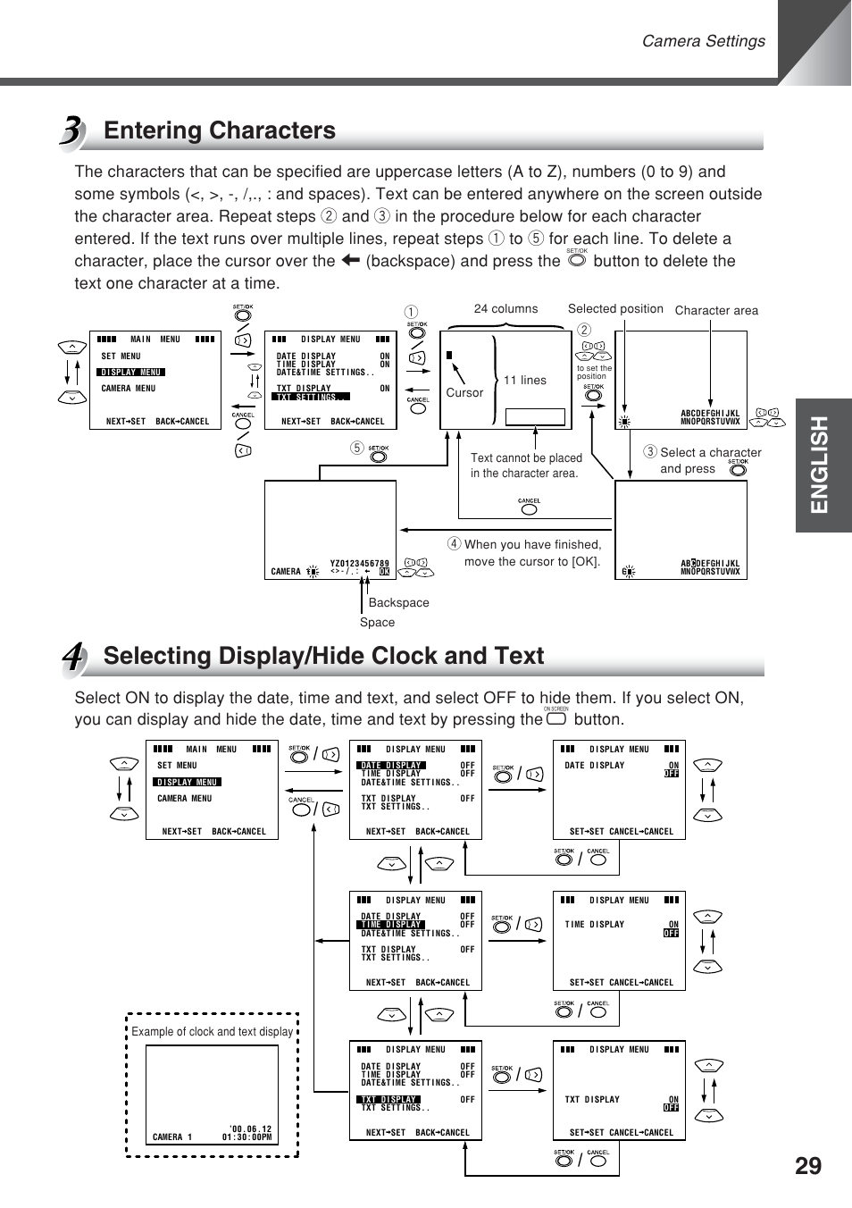 Selecting display/hide clock and text, Entering characters, English | Camera settings, Qw t r | Canon VC-C50iR User Manual | Page 67 / 246