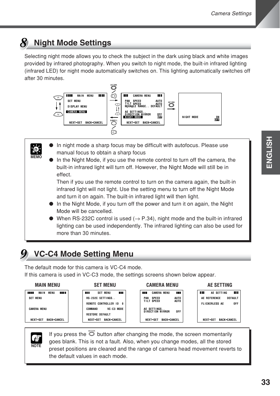 Night mode settings, Vc-c4 mode setting menu, English | Camera settings, Main menu set menu camera menu ae setting | Canon VC-C50iR User Manual | Page 71 / 246