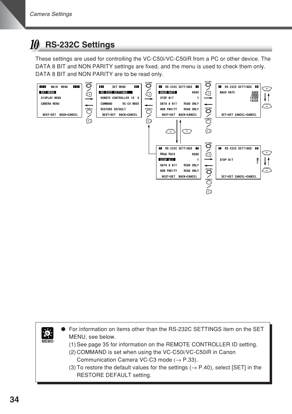 Rs-232c settings, Camera settings | Canon VC-C50iR User Manual | Page 72 / 246