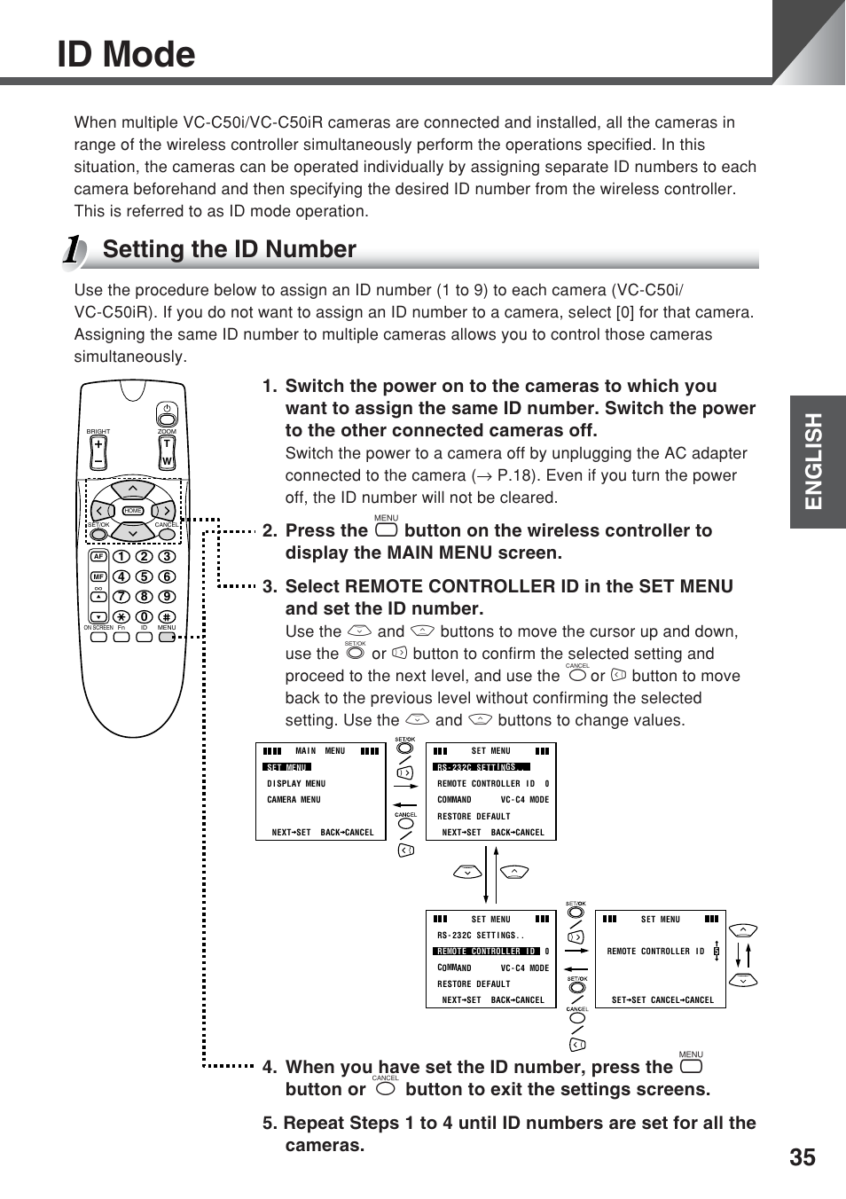 Id mode, Setting the id number, English | Canon VC-C50iR User Manual | Page 73 / 246