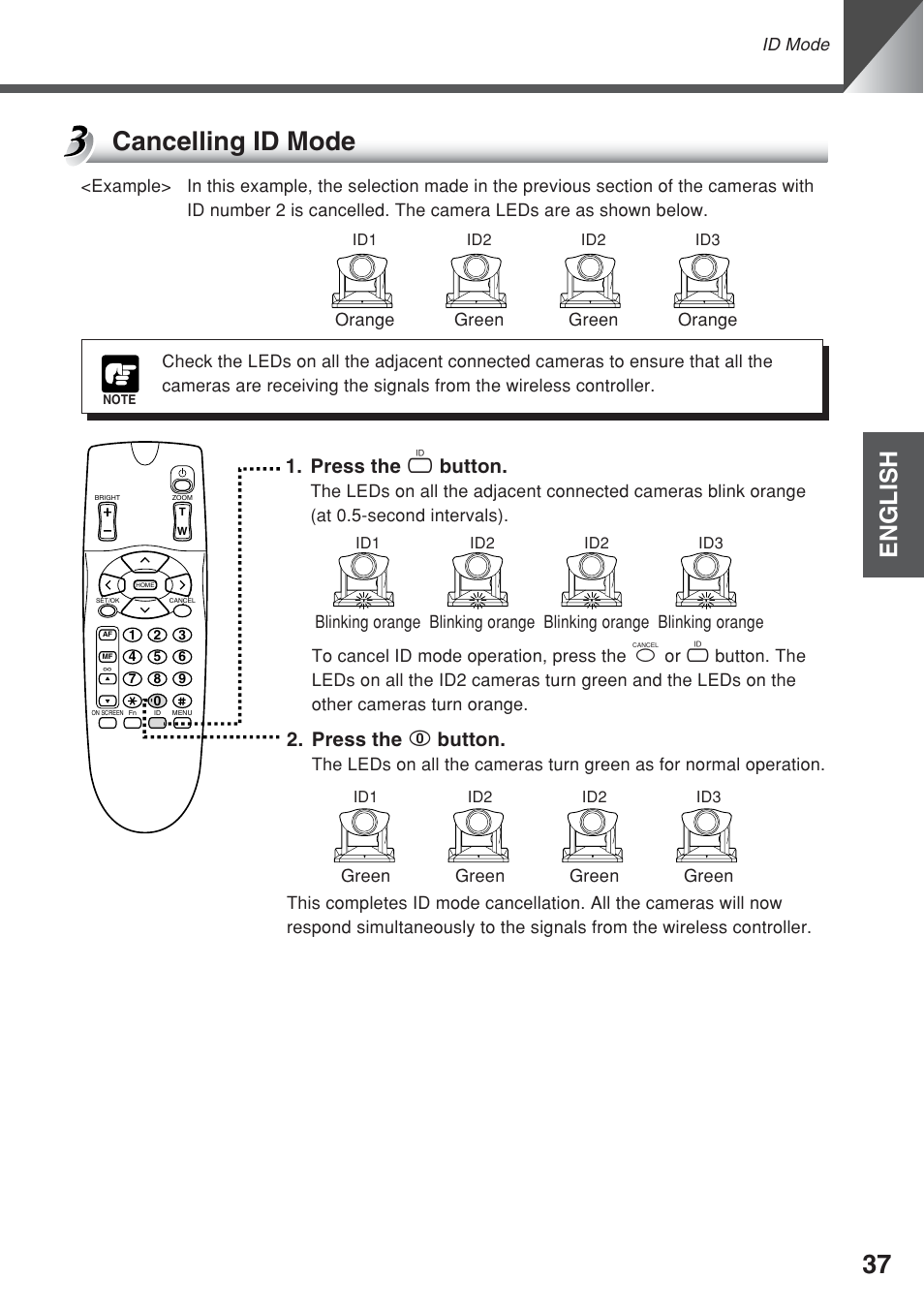 Cancelling id mode, English, Press the i button | Press the 0 button | Canon VC-C50iR User Manual | Page 75 / 246