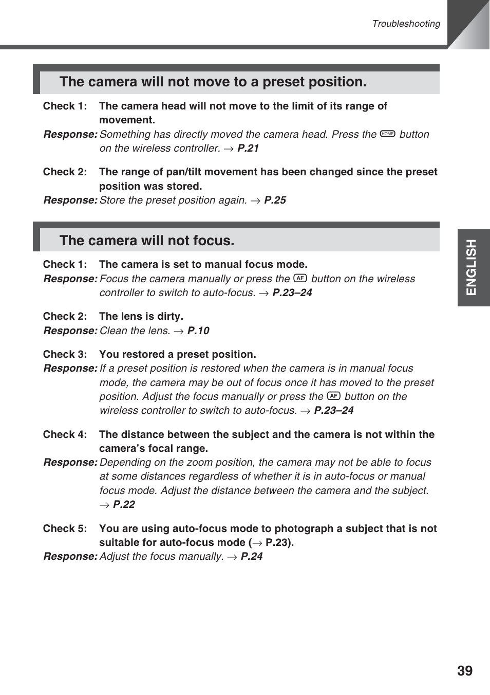 The camera will not move to a preset position, The camera will not focus | Canon VC-C50iR User Manual | Page 77 / 246