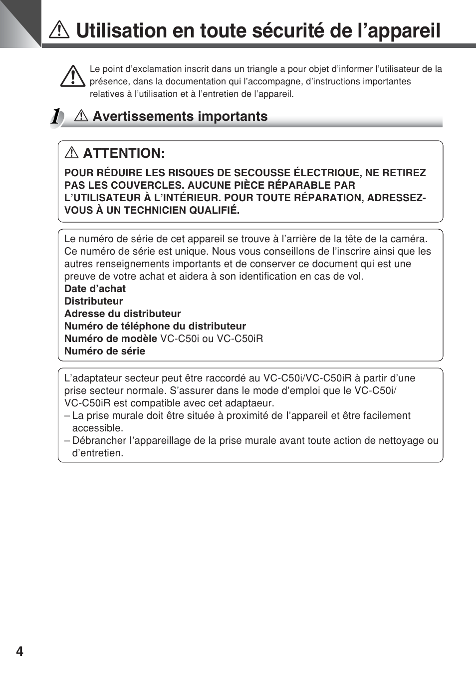 A utilisation en toute sécurité de l’appareil | Canon VC-C50iR User Manual | Page 84 / 246