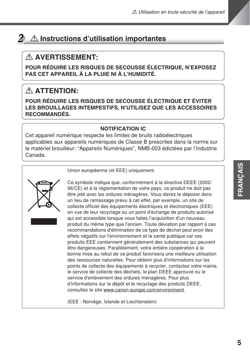 A avertissement, A attention, A instructions d’utilisation importantes | Canon VC-C50iR User Manual | Page 85 / 246