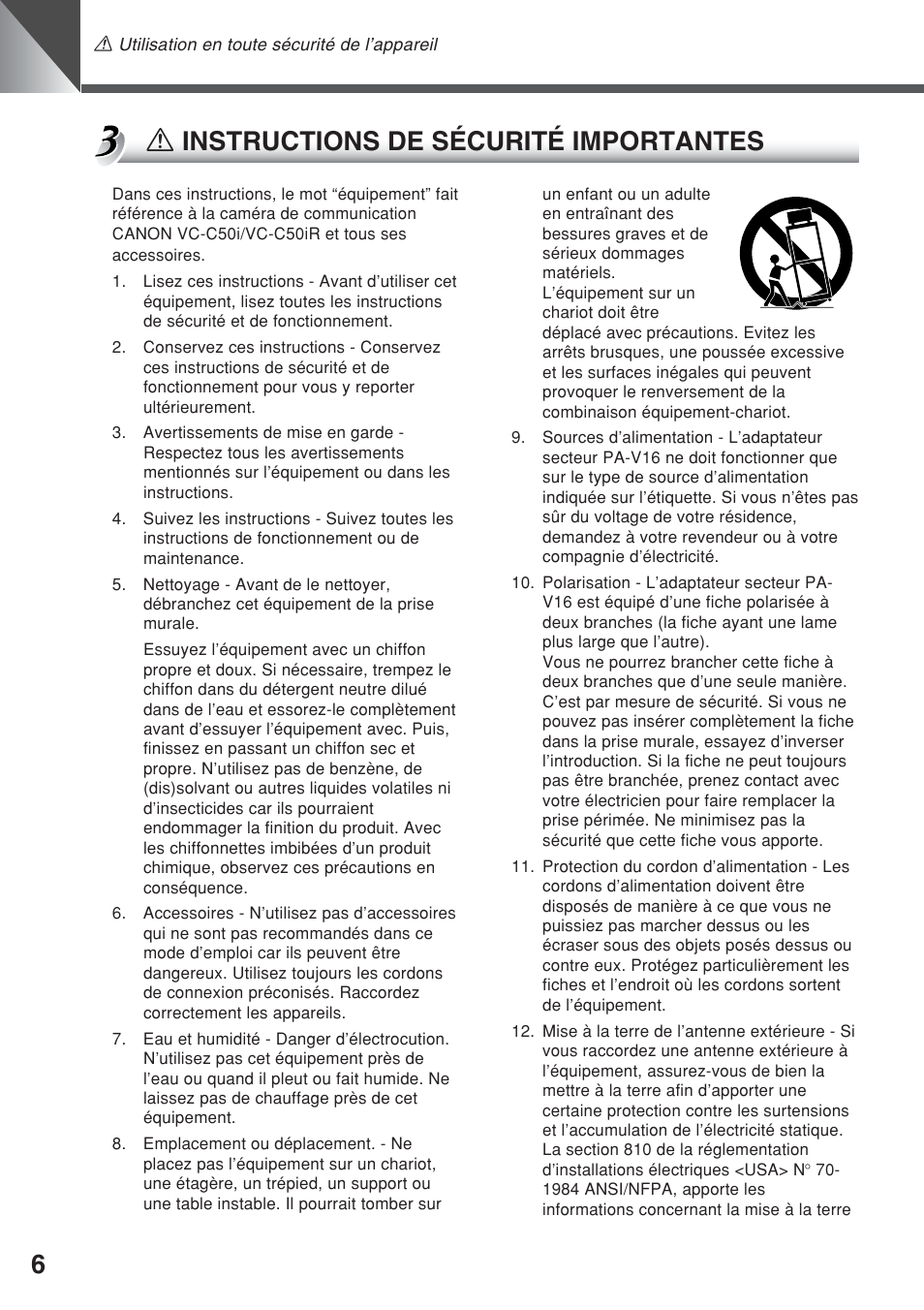 A instructions de sécurité importantes | Canon VC-C50iR User Manual | Page 86 / 246