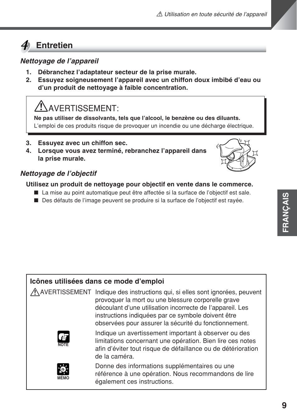 Entretien, Avertissement | Canon VC-C50iR User Manual | Page 89 / 246