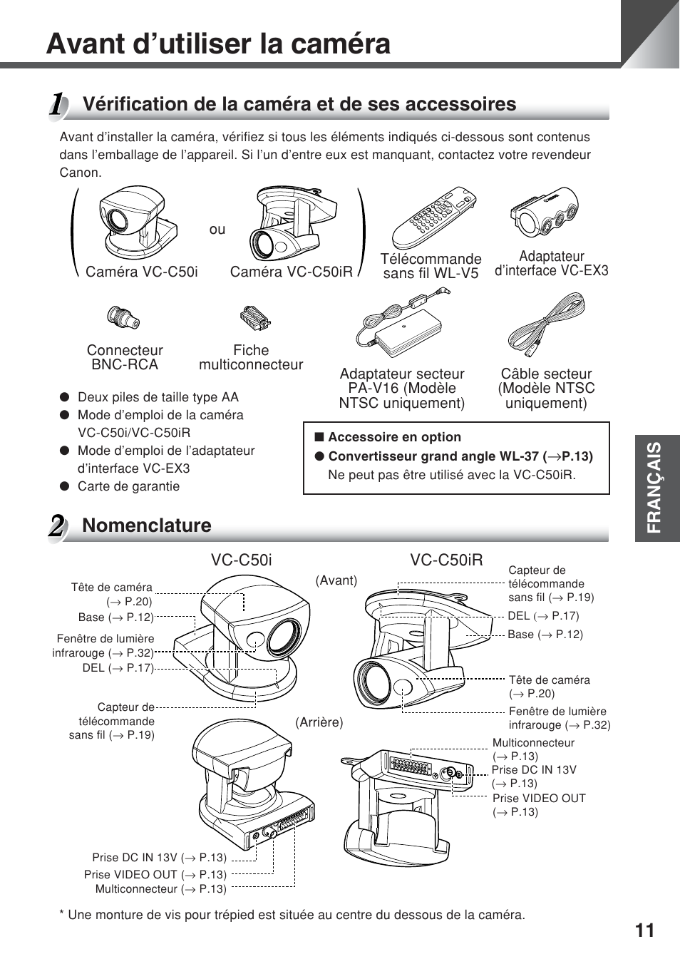 Avant d’utiliser la caméra, Vérification de la caméra et de ses accessoires, Nomenclature | Français, Vc-c50i vc-c50ir | Canon VC-C50iR User Manual | Page 91 / 246