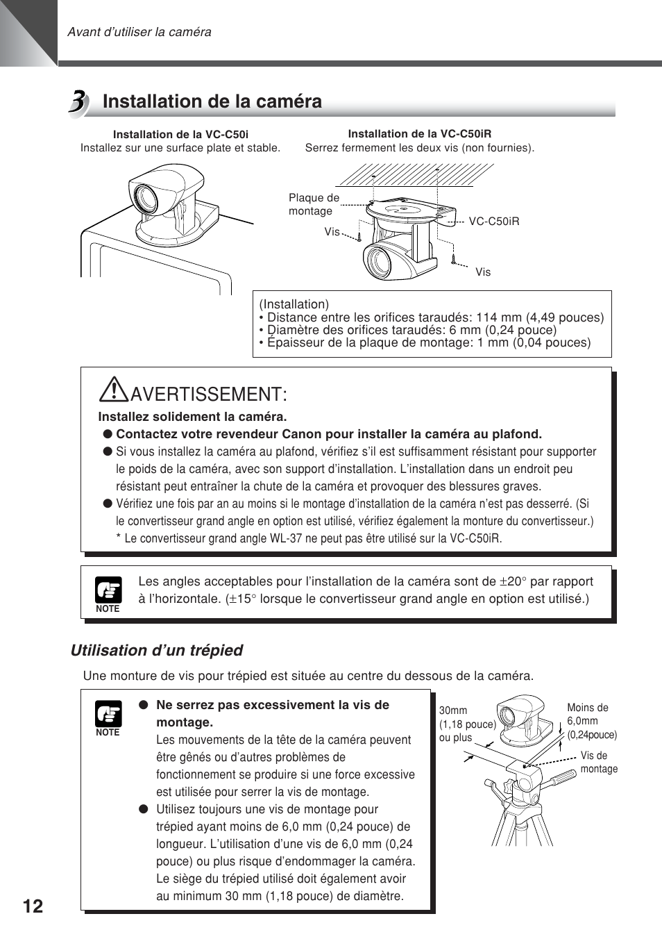 Installation de la caméra, Avertissement, Utilisation d’un trépied | Canon VC-C50iR User Manual | Page 92 / 246