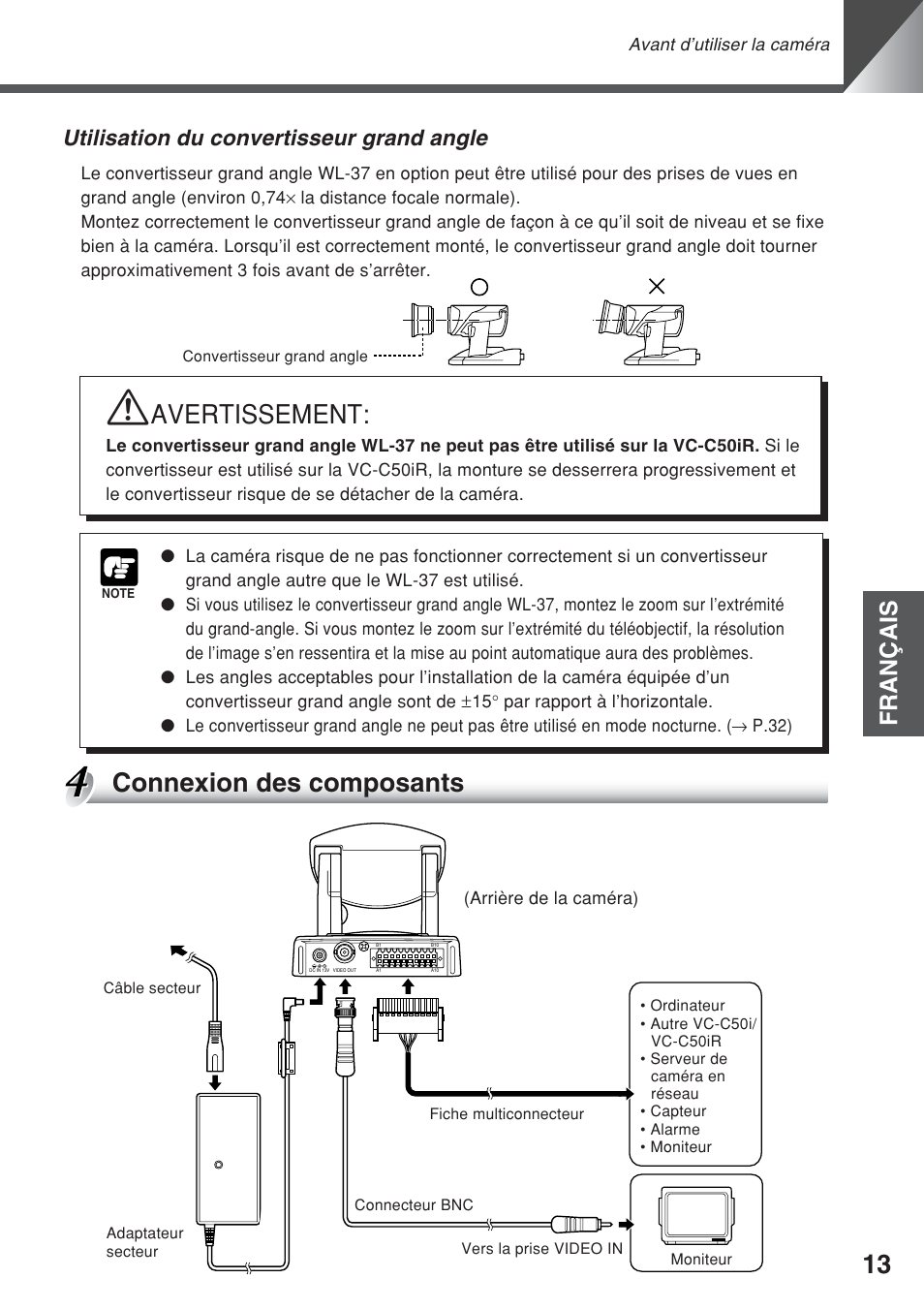 Connexion des composants, Avertissement, Français | Utilisation du convertisseur grand angle | Canon VC-C50iR User Manual | Page 93 / 246