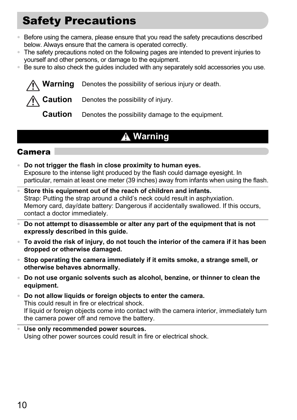 Safety precautions, Warning | Canon SX200 LS User Manual | Page 10 / 168