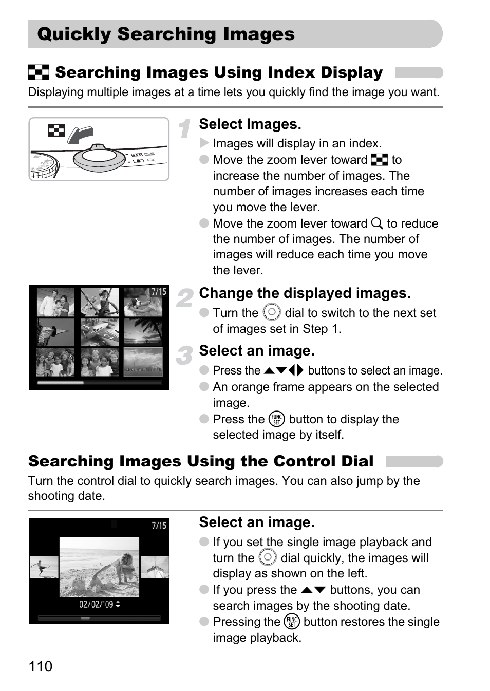 Quickly searching images, P. 110), G searching images using index display | Searching images using the control dial, Select images, Change the displayed images, Select an image | Canon SX200 LS User Manual | Page 110 / 168