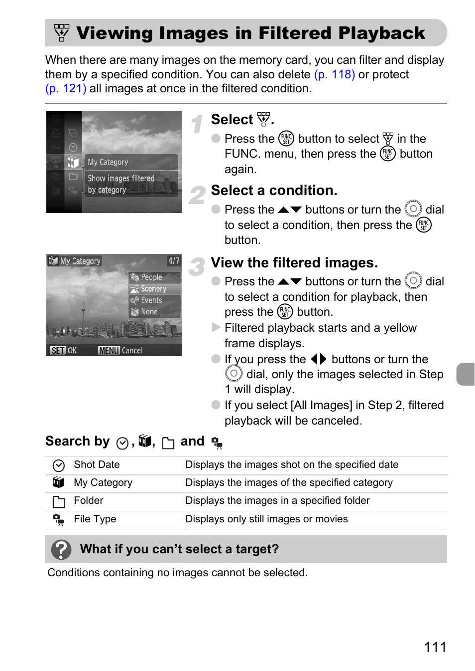 Viewing images in filtered playback, Viewing images, In filtered playback | P. 111), Select, Select a condition, View the filtered images | Canon SX200 LS User Manual | Page 111 / 168