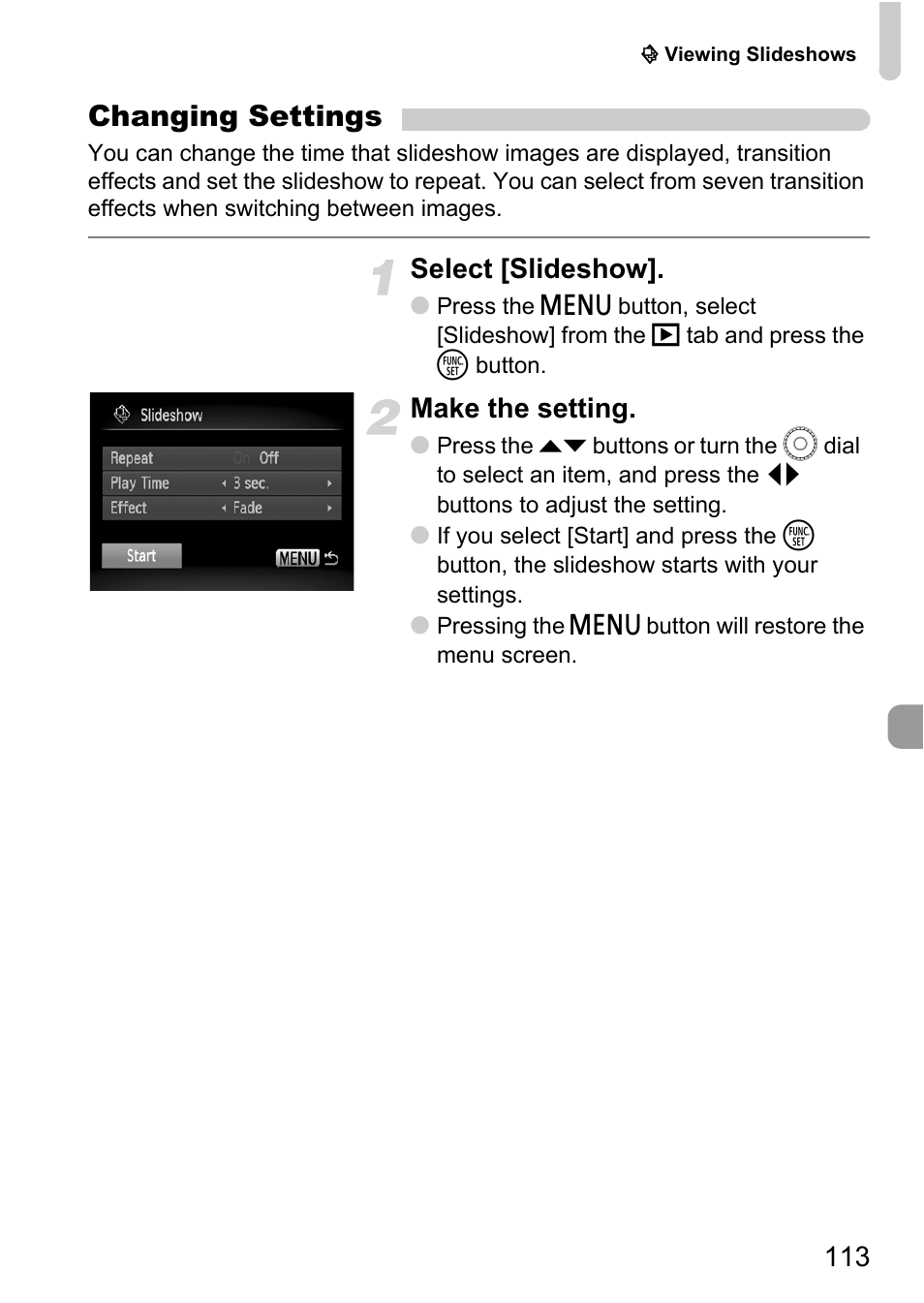 Changing settings, Select [slideshow, Make the setting | Canon SX200 LS User Manual | Page 113 / 168