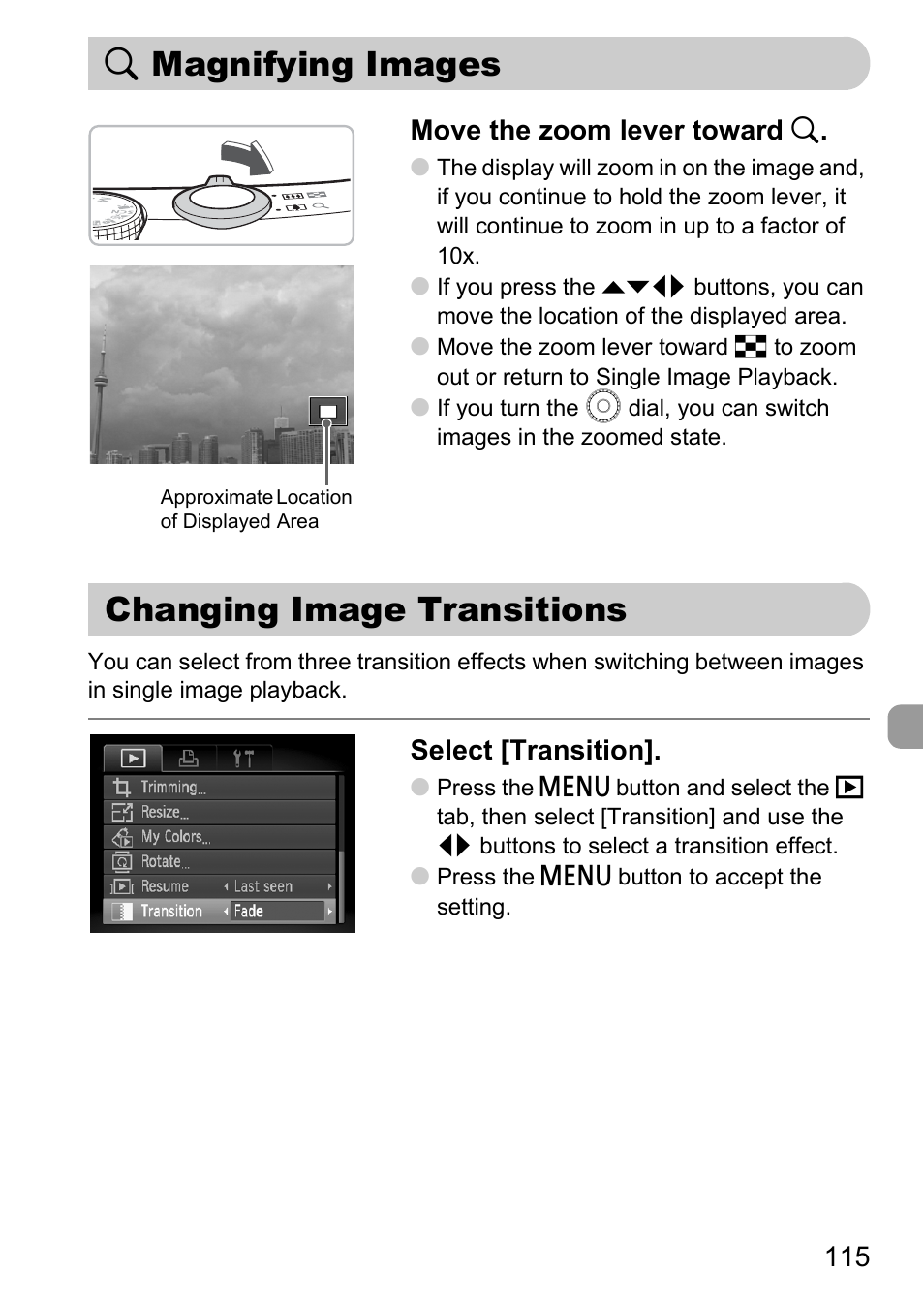 Magnifying images, Changing image transitions, K magnifying images changing image transitions | P. 115), K magnifying images, 115 move the zoom lever toward k, Select [transition | Canon SX200 LS User Manual | Page 115 / 168