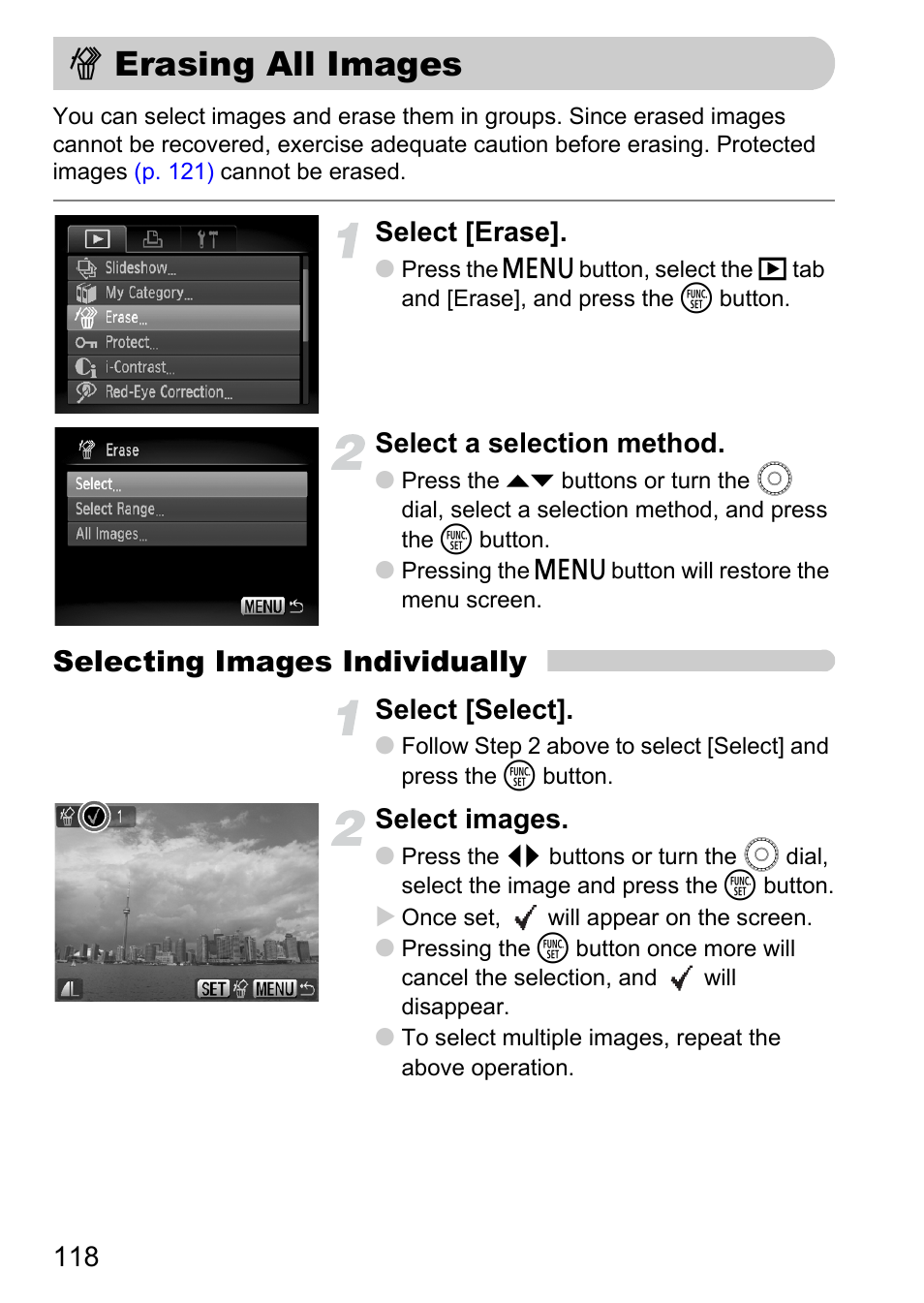Erasing all images, P. 118), Selecting images individually | Select [erase, Select a selection method, Select [select, Select images | Canon SX200 LS User Manual | Page 118 / 168