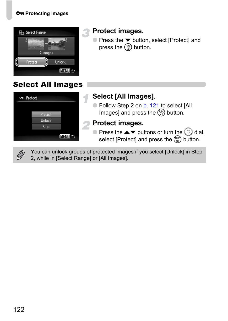 Select all images, 122 protect images, Select [all images | Protect images | Canon SX200 LS User Manual | Page 122 / 168