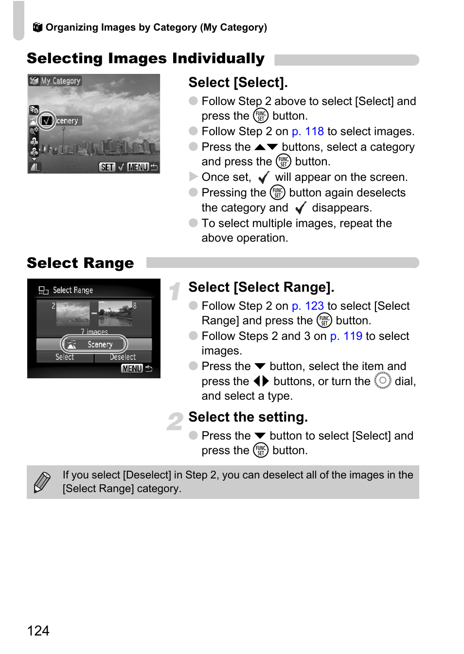 Selecting images individually, Select range, Select [select | Select [select range, Select the setting | Canon SX200 LS User Manual | Page 124 / 168