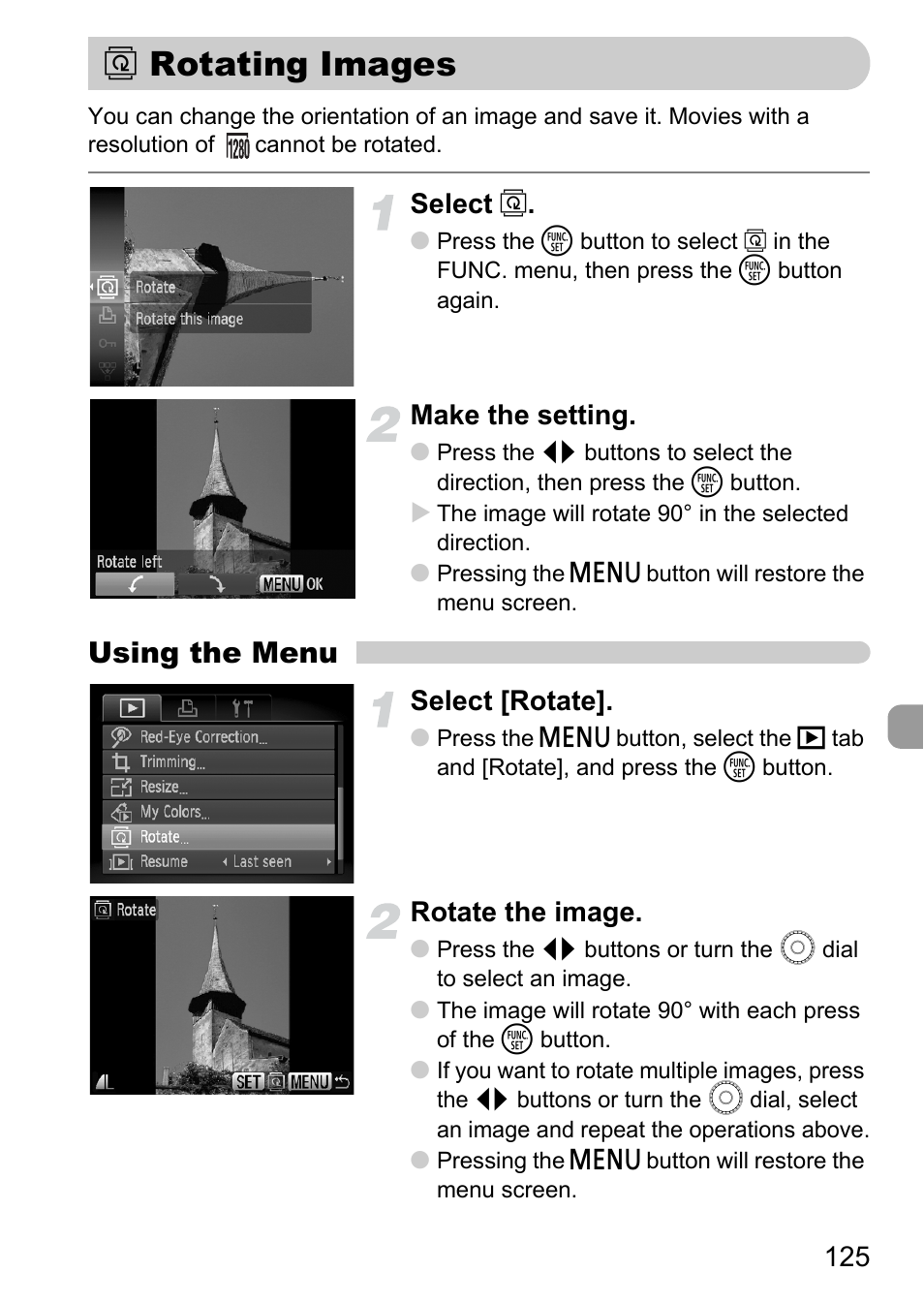 Rotating images, Pp. 125, P. 125) | Using the menu, Select, Make the setting, Select [rotate, Rotate the image | Canon SX200 LS User Manual | Page 125 / 168
