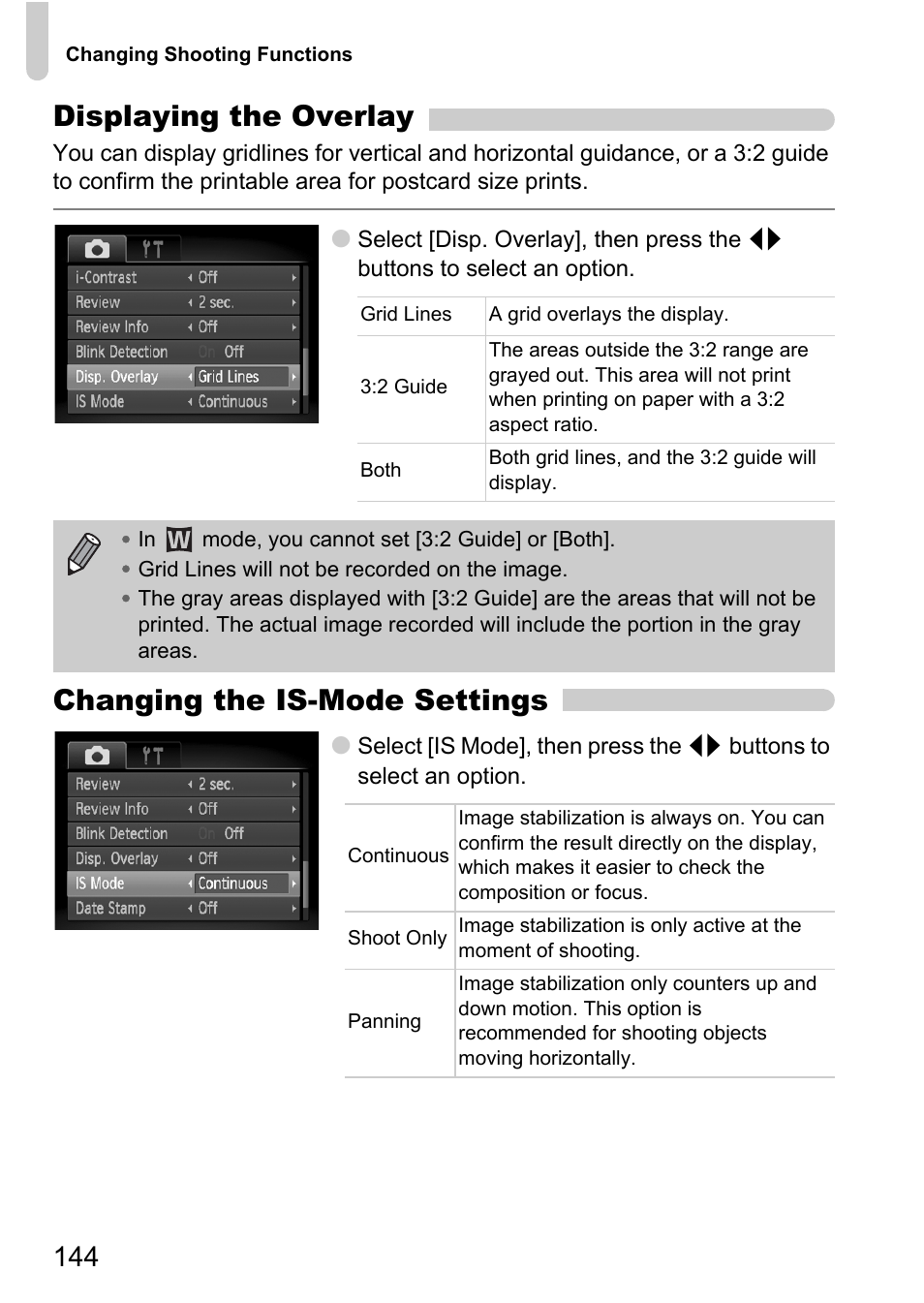 P. 144), Ge stabilizer, Displaying the overlay | Changing the is-mode settings | Canon SX200 LS User Manual | Page 144 / 168