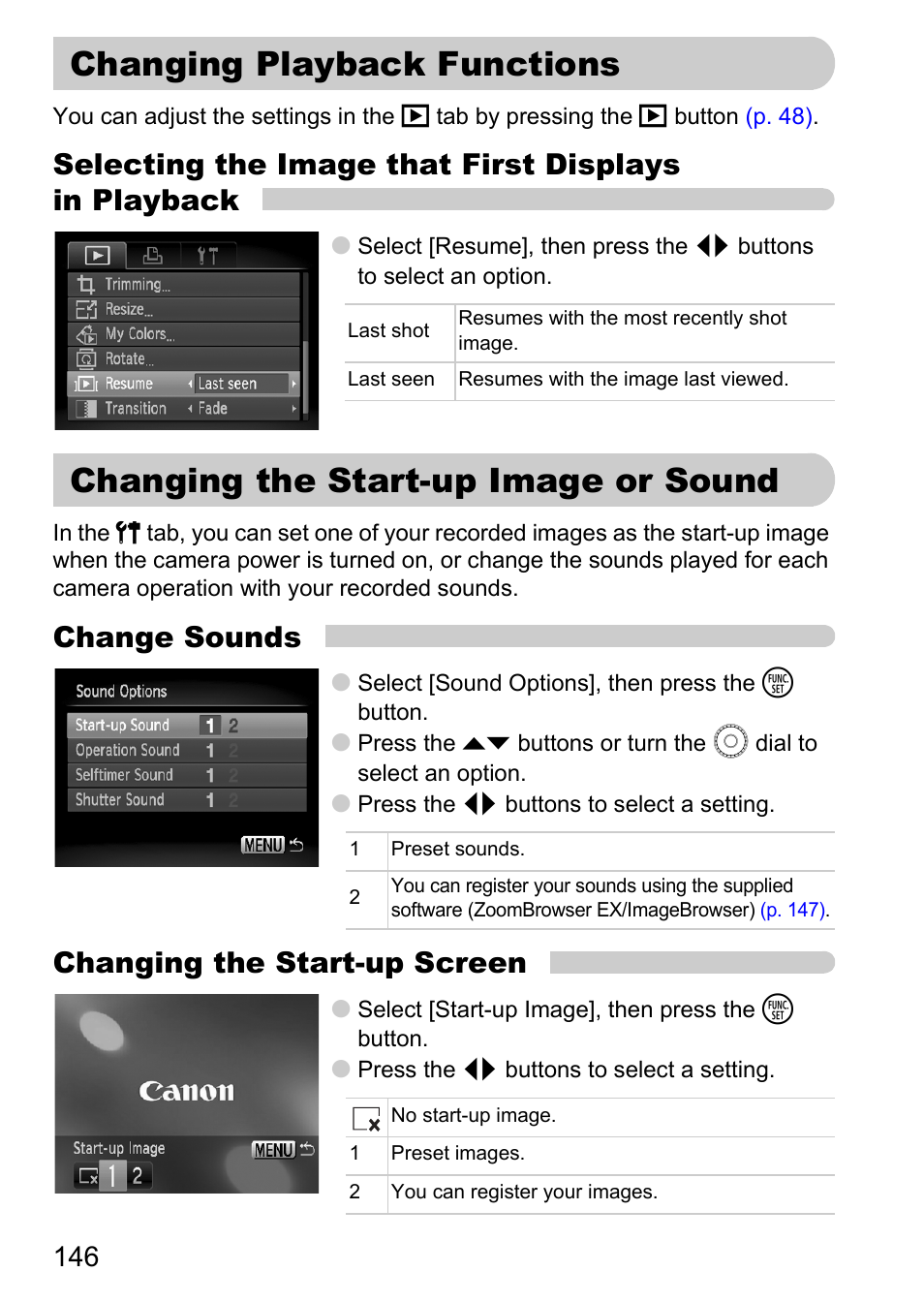 Changing playback functions, Changing the start-up image or sound, Sound | P. 146), Change sounds, Changing the start-up screen | Canon SX200 LS User Manual | Page 146 / 168