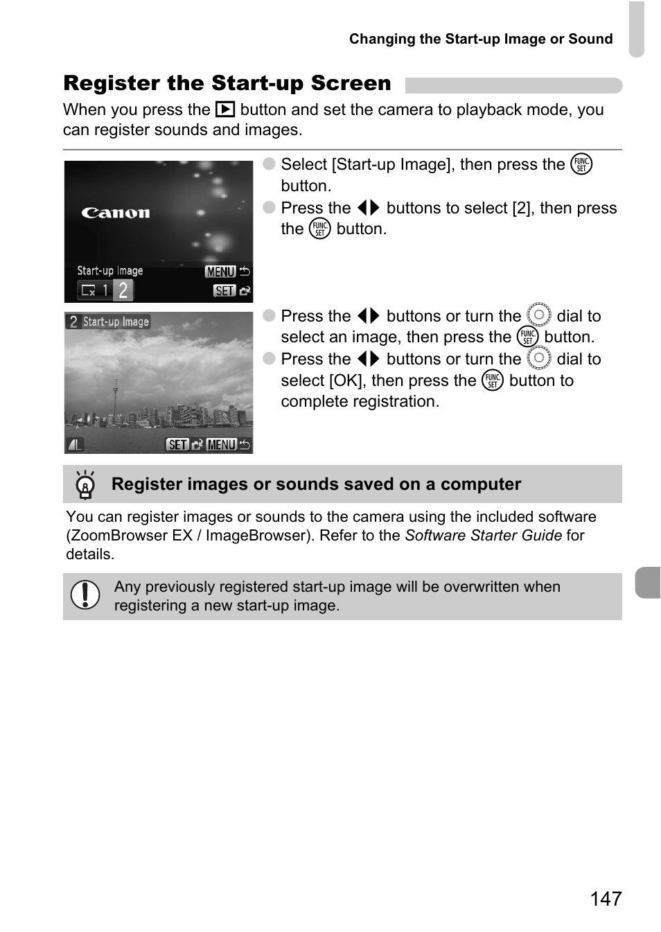 Register the start-up screen | Canon SX200 LS User Manual | Page 147 / 168