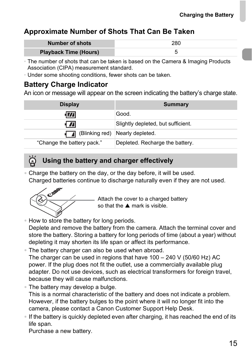 Approximate number of shots that can be taken, Battery charge indicator | Canon SX200 LS User Manual | Page 15 / 168